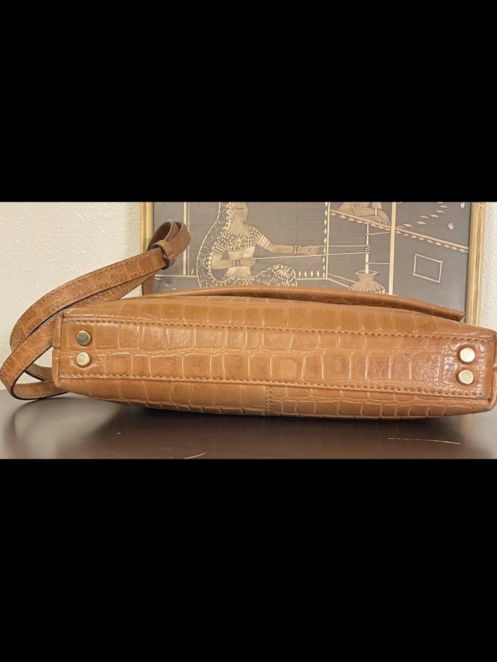 Ashwood Cognac Croc Embossed Leather East West Small Crossbody Bag Purse - Picture 2 of 10